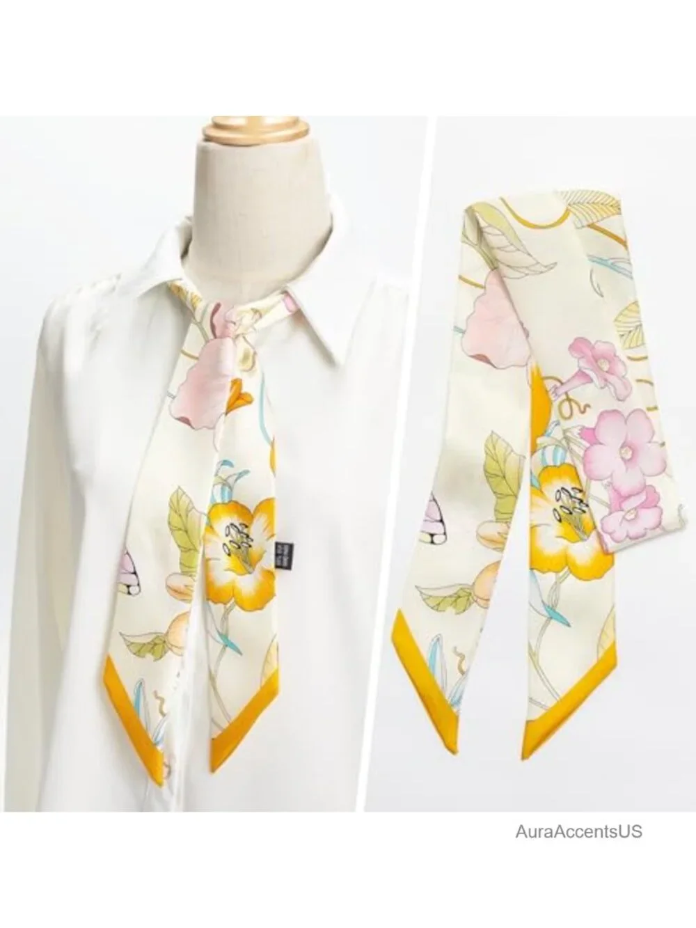 Silk Twill Skinny Scarf Double-Sided Ribbon Scarf 47x2 in Handbag Accessory